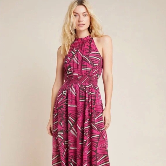 Anthropologie Maeve Kelli Halter Maxi Dress Small Smocked Waistband C2 Abstract - Picture 2 of 6